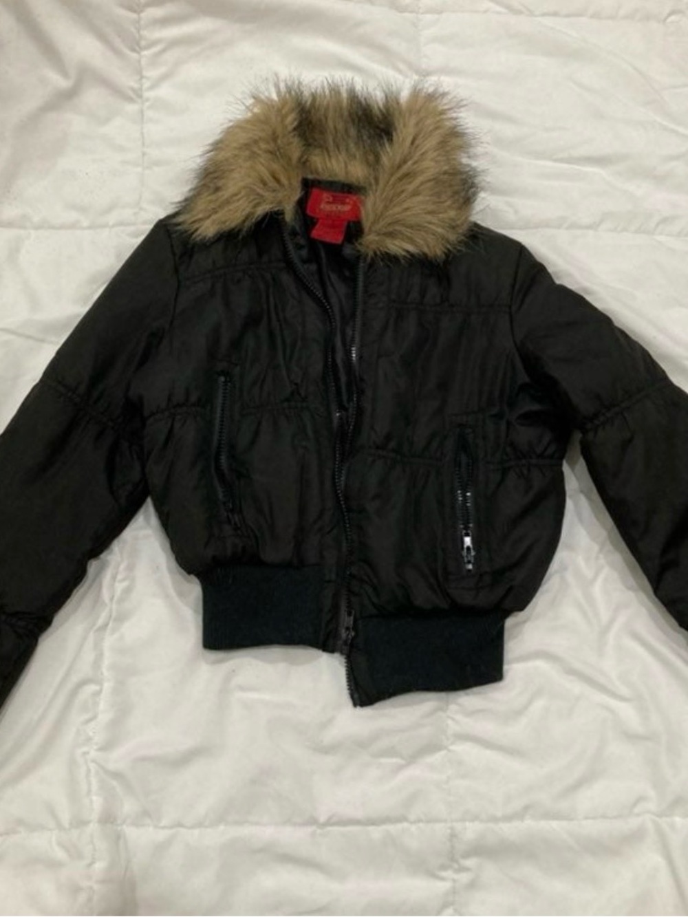 Black Puffer Jacket with Faux Fur Trim